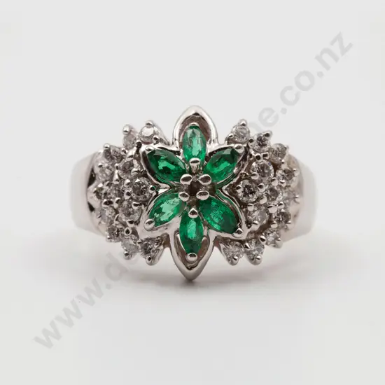 14ct White Gold 32stone Emerald and Diamond Cluster Ring