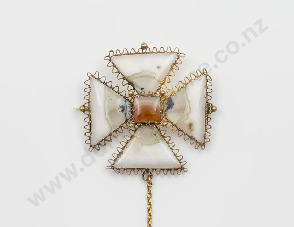 Victorian White Agate and Carnelian Maltese Cross Design Brooch Image 1++