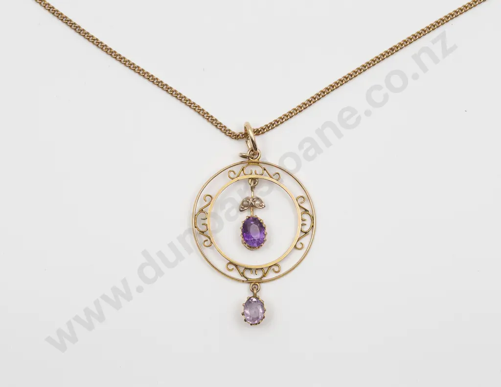 Edwardian 9ct Two Stone Amethyst Circlet Pendant Image 1++