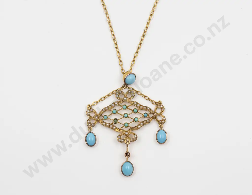 Edwardian 9ct Turquoise and Seed Pearl Pendant Image 1++