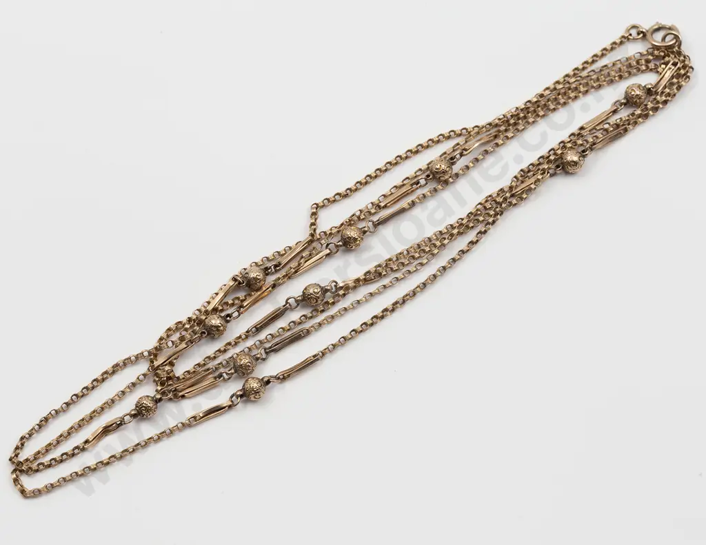 Victorian 9ct Trace Rail and Bead Link Muff Chain Image 1++