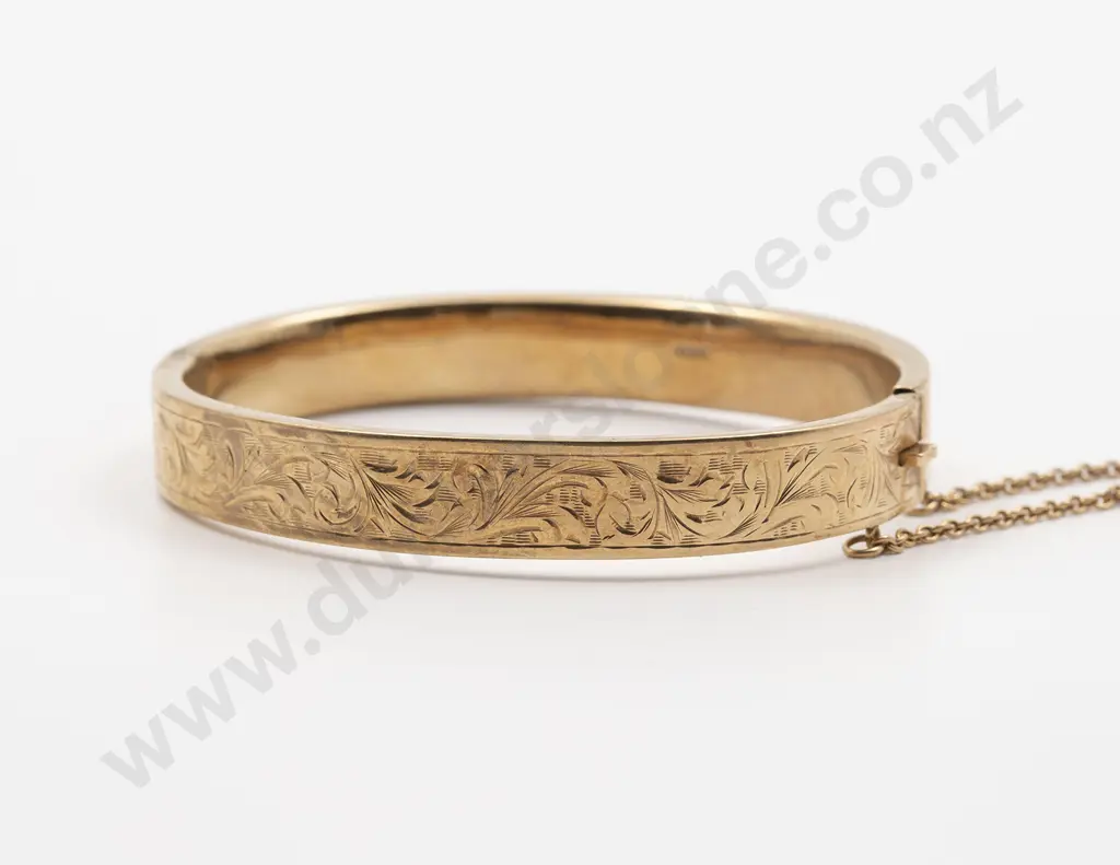 9ct Hollow Half Engraved Hinged Snap Bangle Image 1++