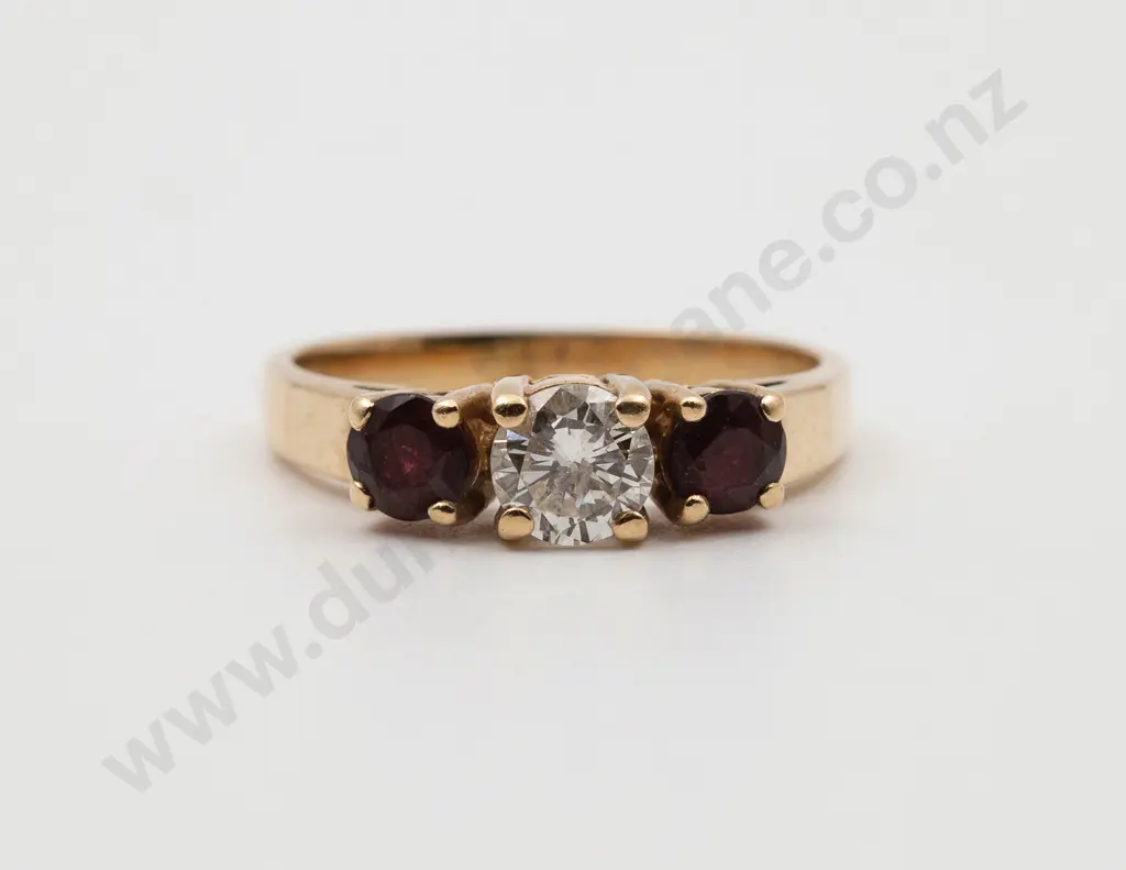14ct Three Stone Diamond and Ruby Bridge Ring Image 1++