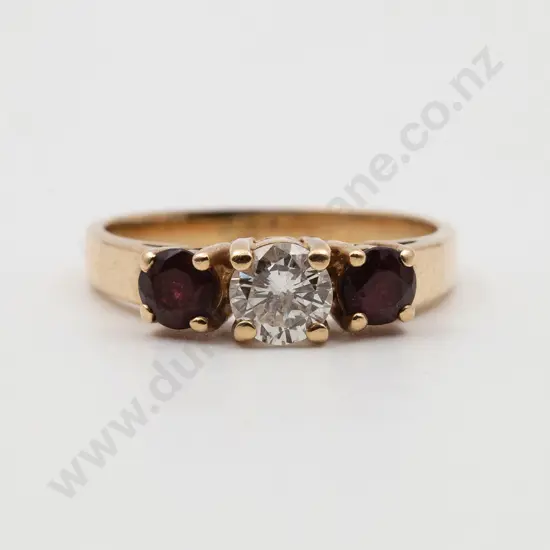 14ct Three Stone Diamond and Ruby Bridge Ring