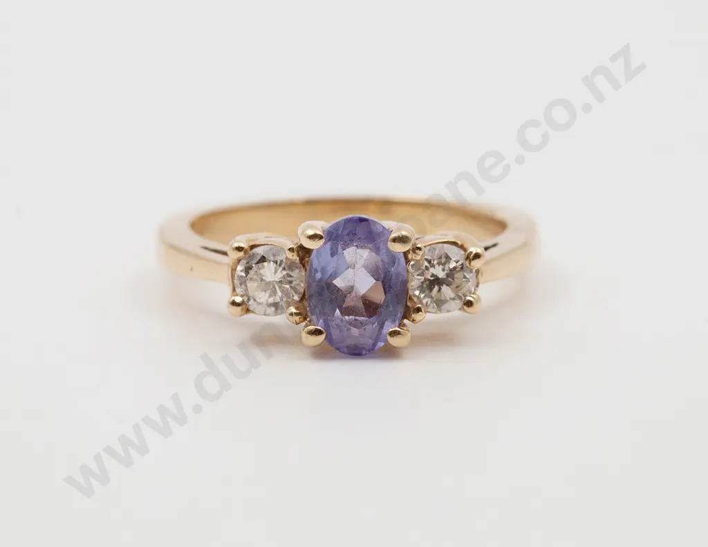 14ct Three Stone Tanzanite and Diamond Bridge Ring Image 1++