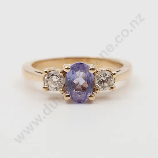 14ct Three Stone Tanzanite and Diamond Bridge Ring