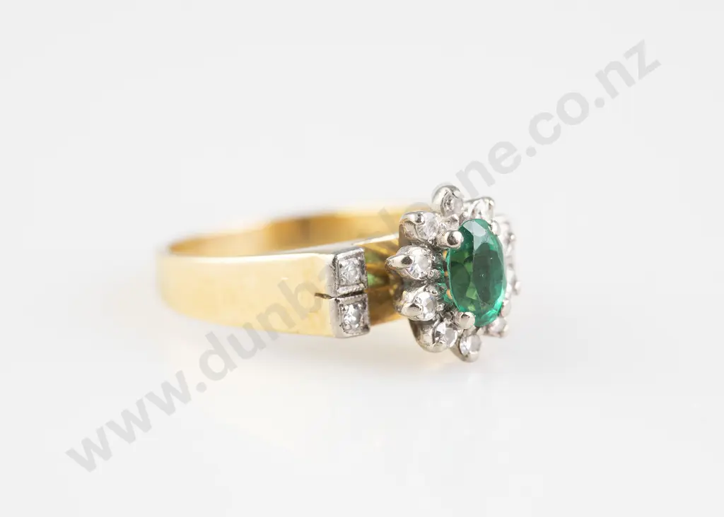 18ct Eleven Stone Synthetic Emerald and Diamond Cluster Ring Image 1++