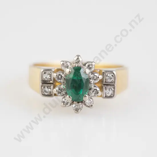 18ct Eleven Stone Synthetic Emerald and Diamond Cluster Ring