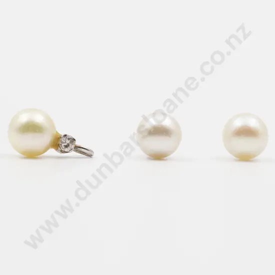 Pair 14ct White Gold Single Stud Pearl Earrings and Pendant