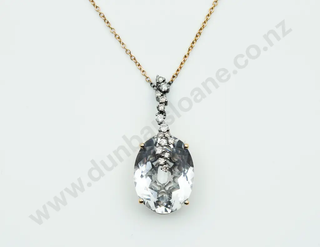 14ct White Gold Single Clear Quartz and Diamond Pendant Image 1++
