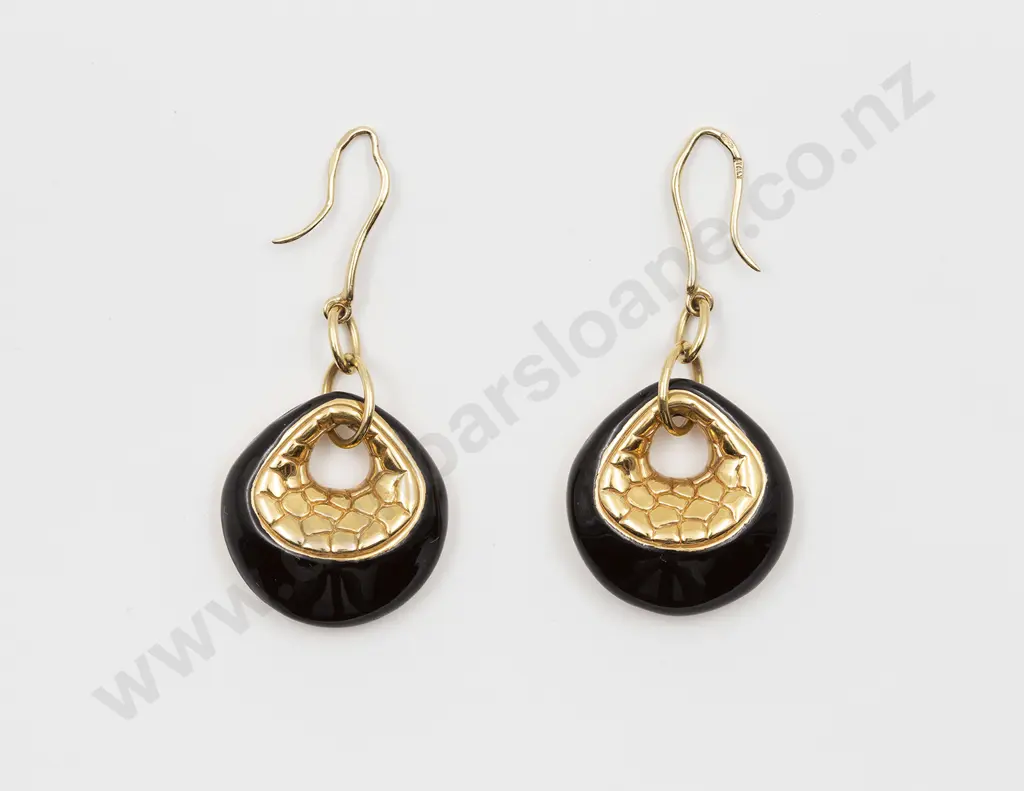 Pair 18ct & Black Enamel Italian Design Pendant Drop Earrings Image 1++
