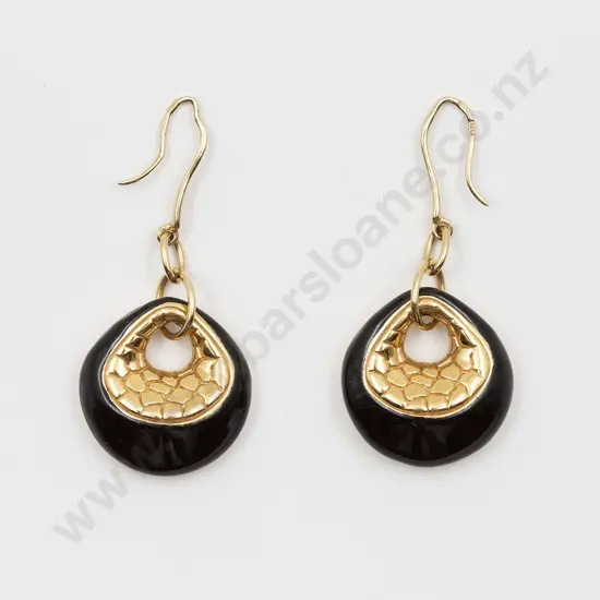 Pair 18ct & Black Enamel Italian Design Pendant Drop Earrings