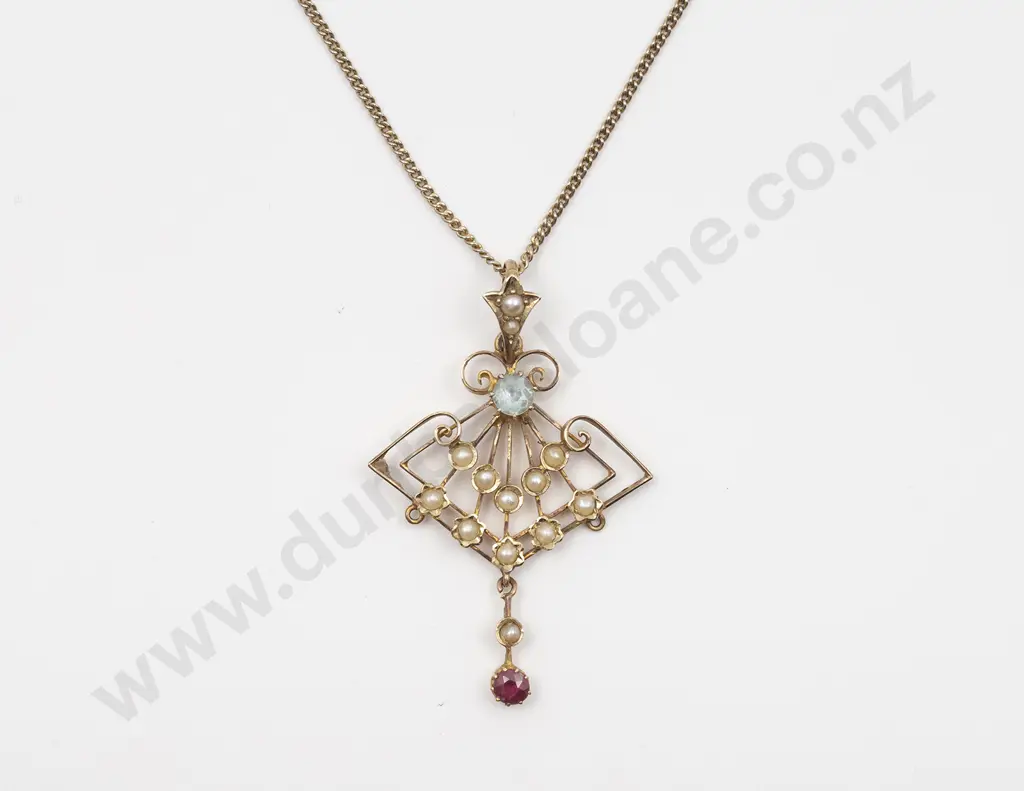 Edwardian 9ct Aquamarine and Seed Pearl Pendant Image 1++