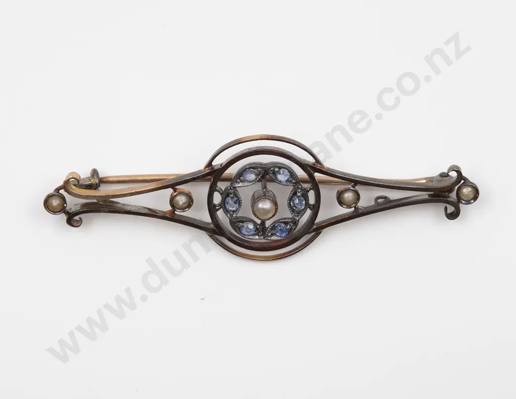 Edwardian 9ct Sapphire and Seed Pearl Bar Brooch Image 1++