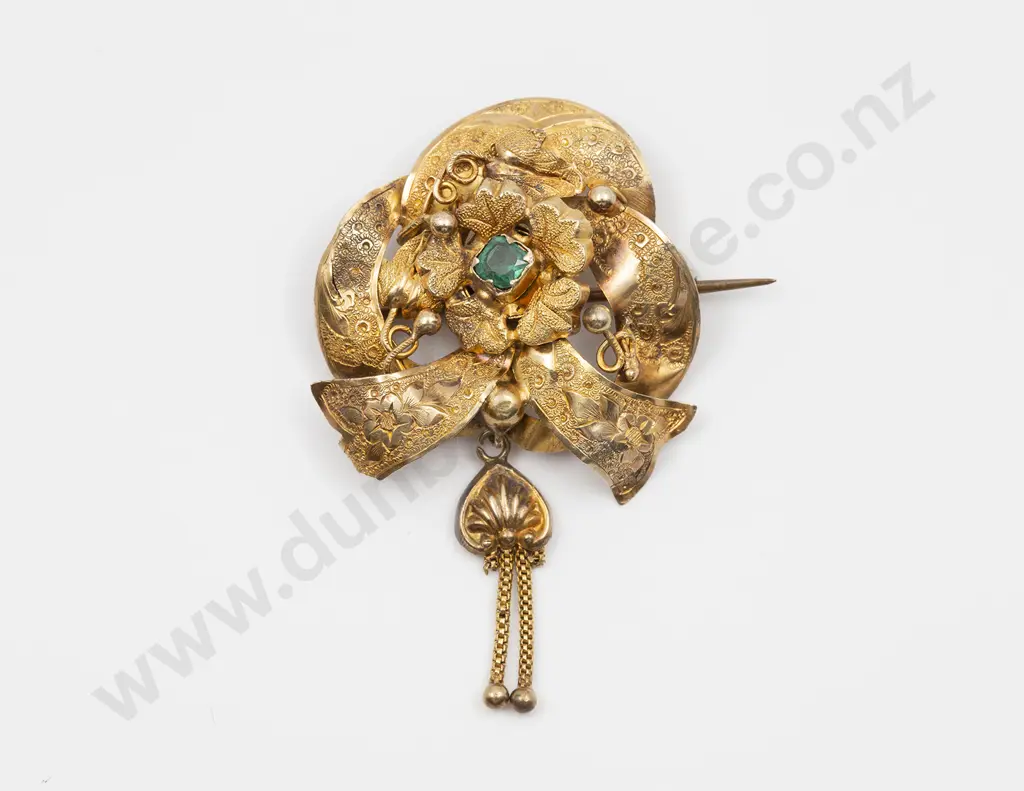 Victorian 9ct Gold Gilt Floret and Ribbon Brooch Image 1++