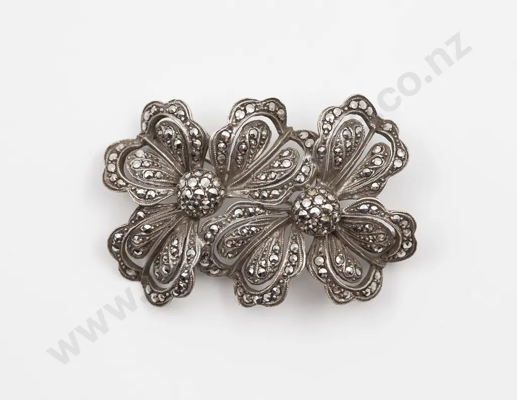 Art Deco German Sterling and Marcasite Double Flower Head Brooch Image 1++