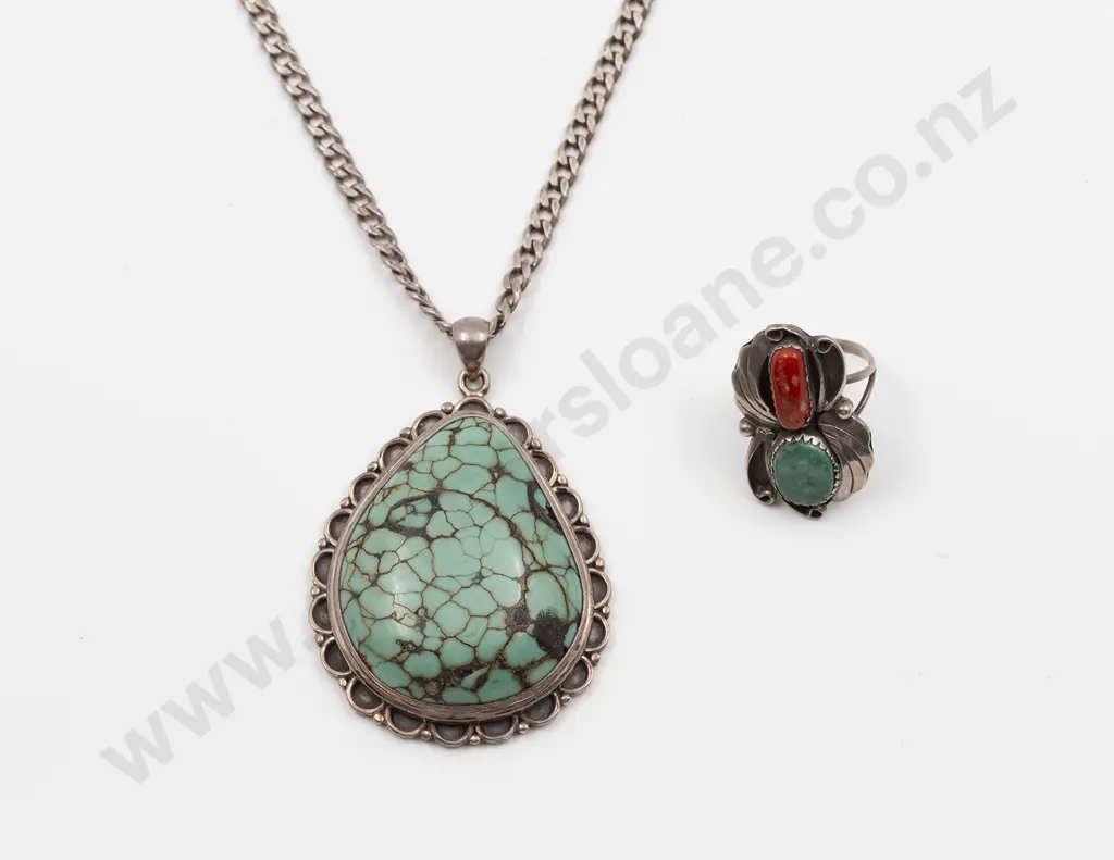 Large North American .925 and Turquoise Pendant Image 1++