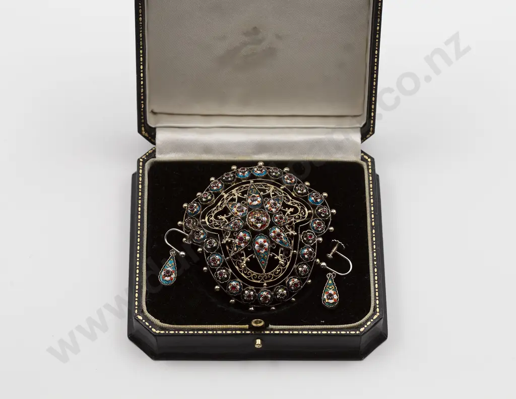 Vintage White Metal Probable Indian Enamel and Garnet Shield Brooch Image 1++