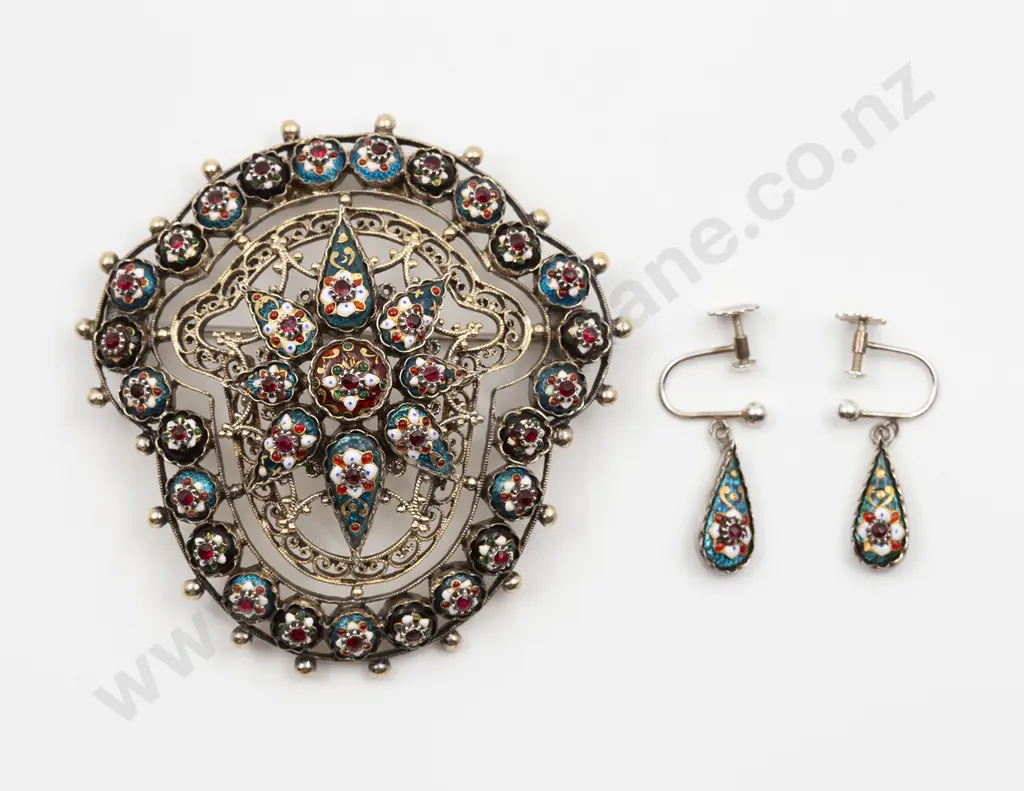 Vintage White Metal Probable Indian Enamel and Garnet Shield Brooch Image 1++