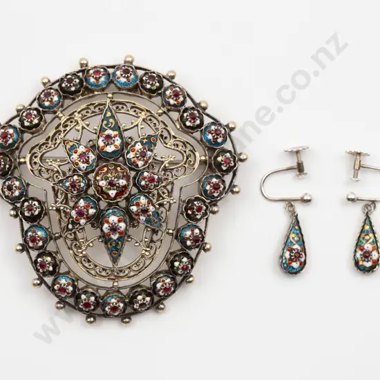 Vintage White Metal Probable Indian Enamel and Garnet Shield Brooch