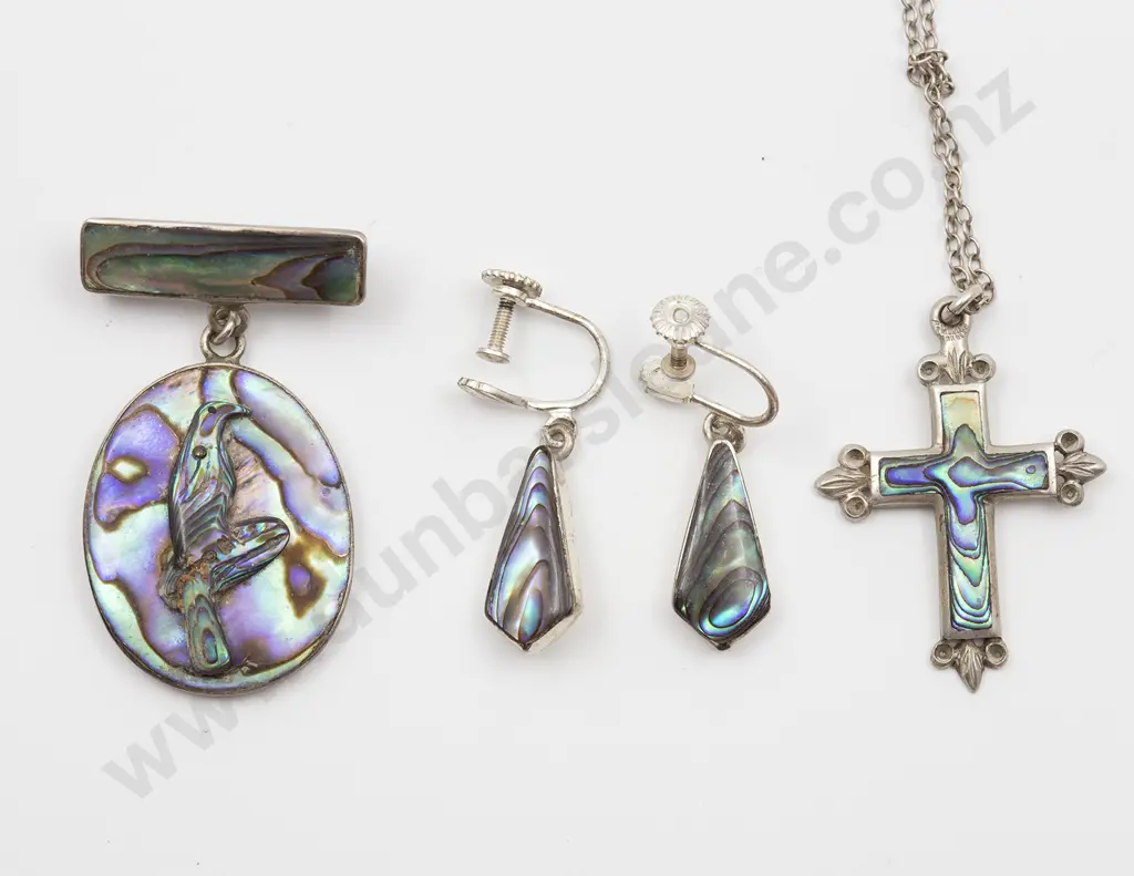 NZ S/S and Paua Brooch with Earrings and Cross Pendant Image 1++