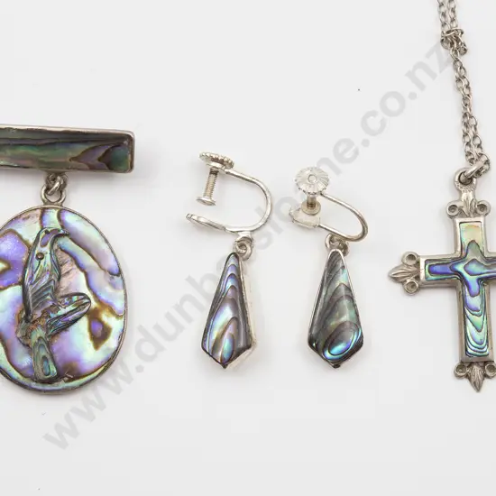 NZ S/S and Paua Brooch with Earrings and Cross Pendant