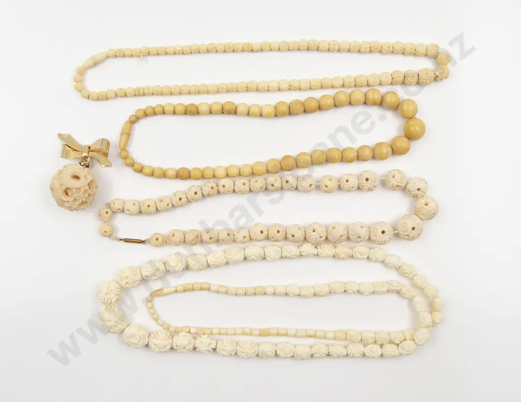 Four Victorian Bone and Ivory Carved Bead Necklaces Image 1++