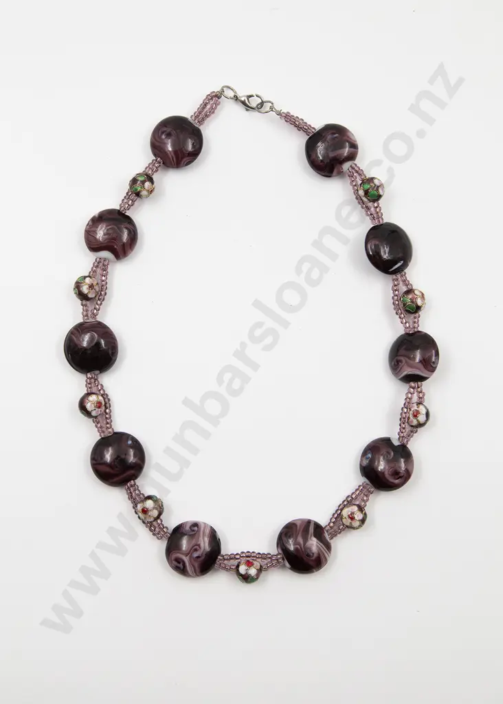 Single Strand Cloisonné and Mauve Swirl Glass Bead Necklace Image 1++