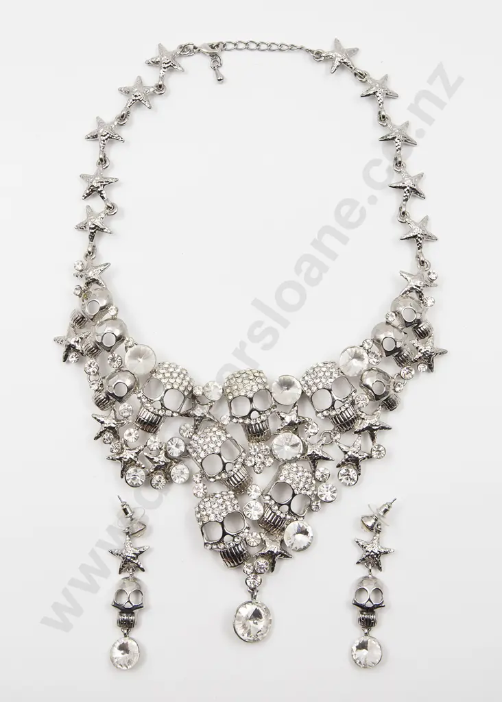 Costume White Metal Diamonte Skull Necklace and Earrings Image 1++