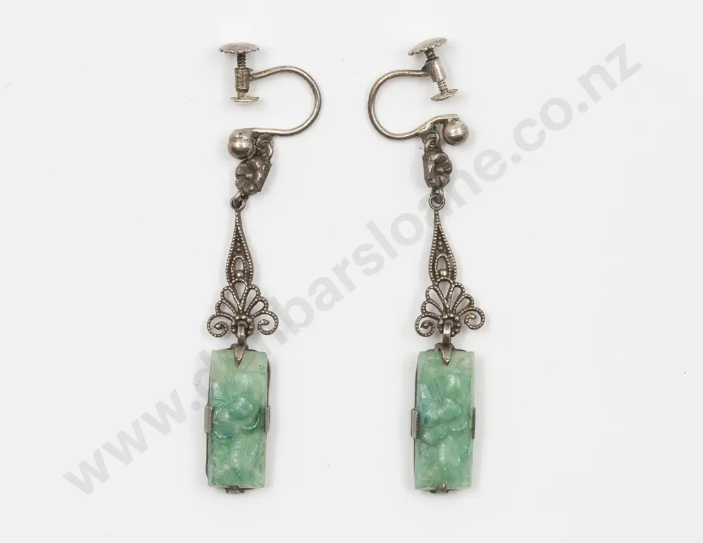 Pair Art Deco Silver and Jade Style Pendant Earrings Image 1++