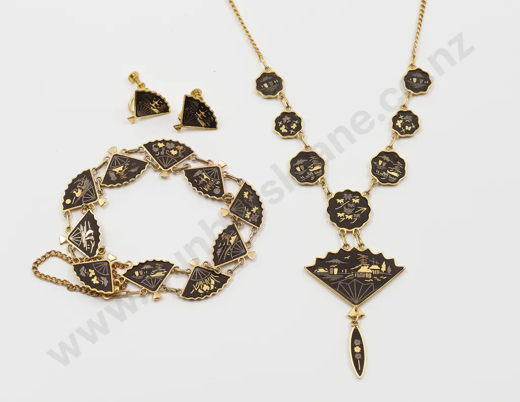 Japanese Shakudo Vintage Damascene Jewellery Set of fan design necklace Image 1++