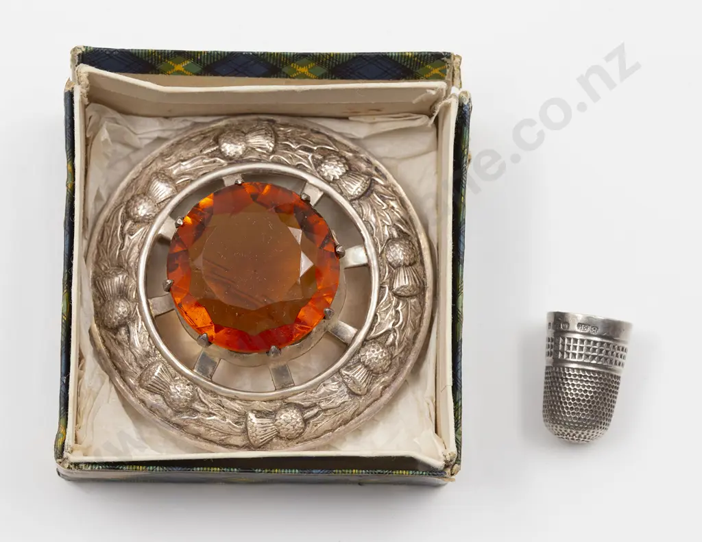 Large Scottish Silver Plate and Cairngorm Glass Kilt Brooch and thimble Image 1++