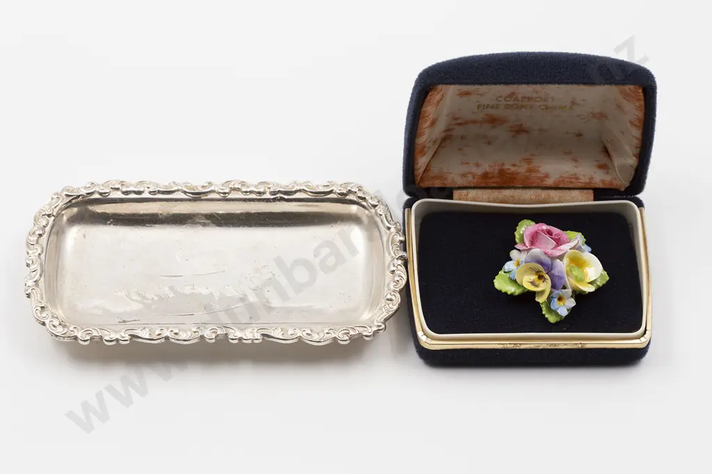 Original Boxed Coalport Floral China Brooch and s/plated pin tray for Steward Dawsons Image 1++