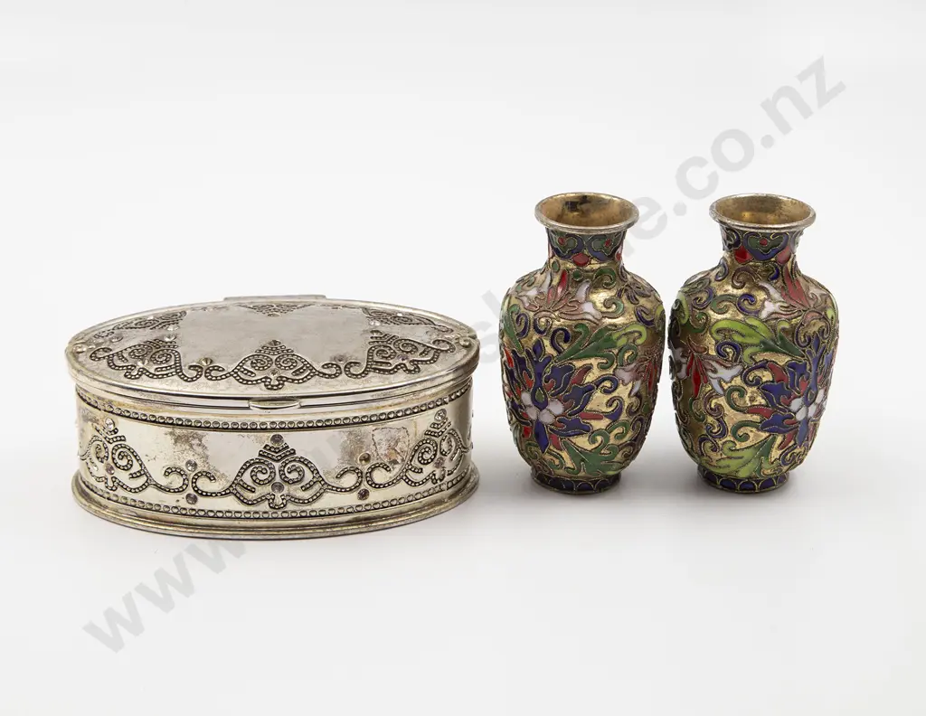 Silver Plate Jewel Box and Pair Cloisonne Vases Image 1++