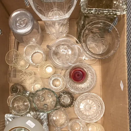 Box of Assorted Crystal and Glassware Including Vases and Ash Tray etc.