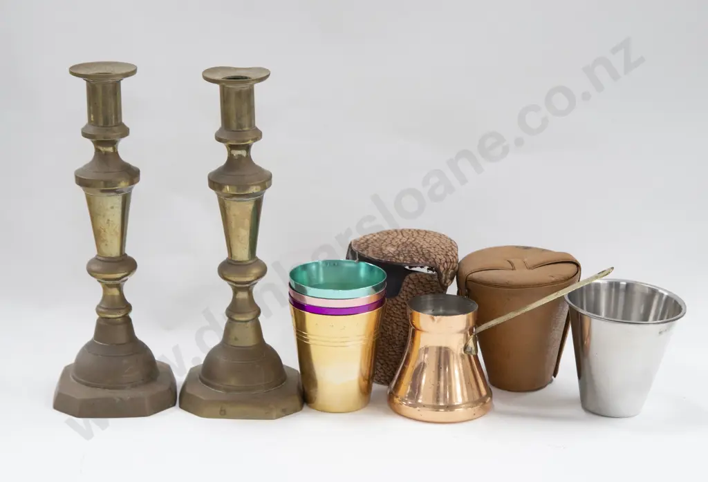 Small Box of Metal Ware Including Pair of Candlesticks Image 1++