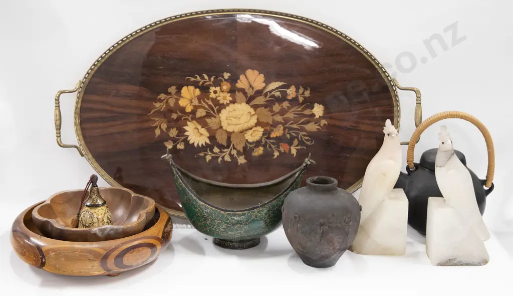 Qty of Assorted Including Hard Stone Book Ends (AF) etc. on Oval Inlaid Tray Image 1++
