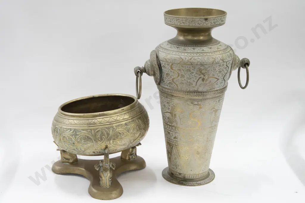 Tapered Brass Vase Together With Brass Planter on Elephant Form Stand Image 1++