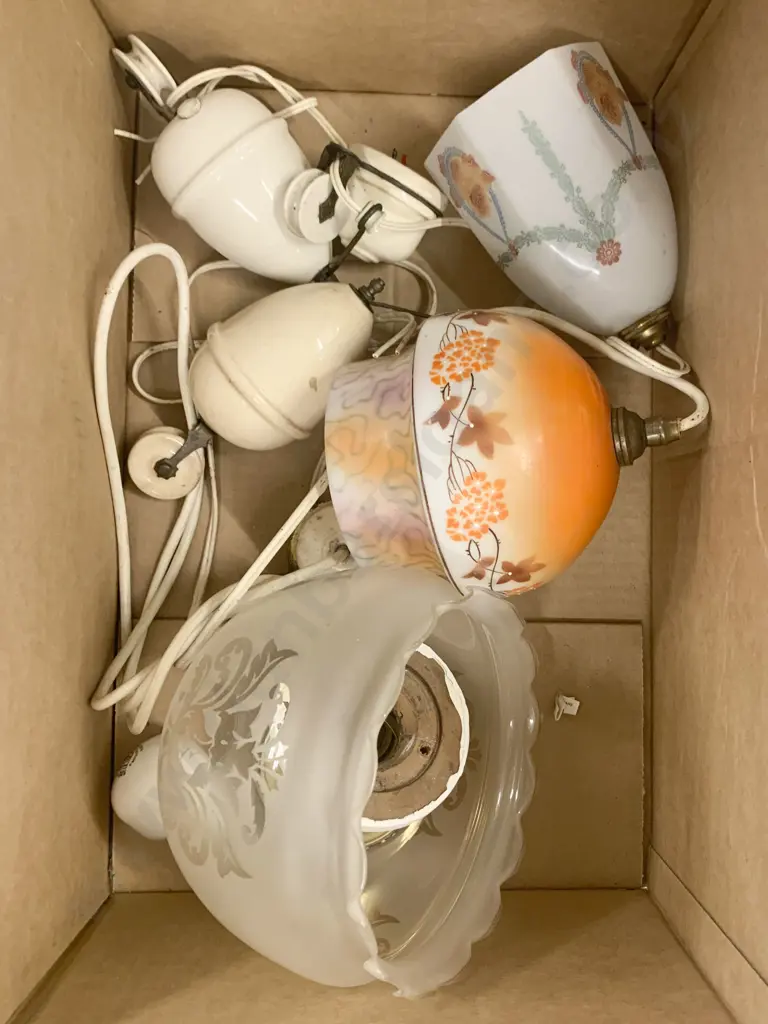 Qty of Assorted Glass Lamp Shades and Light Fittings Together With Tapestry Top Storage Stool Image 1++