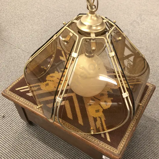 Qty of Assorted Glass Lamp Shades and Light Fittings Together With Tapestry Top Storage Stool