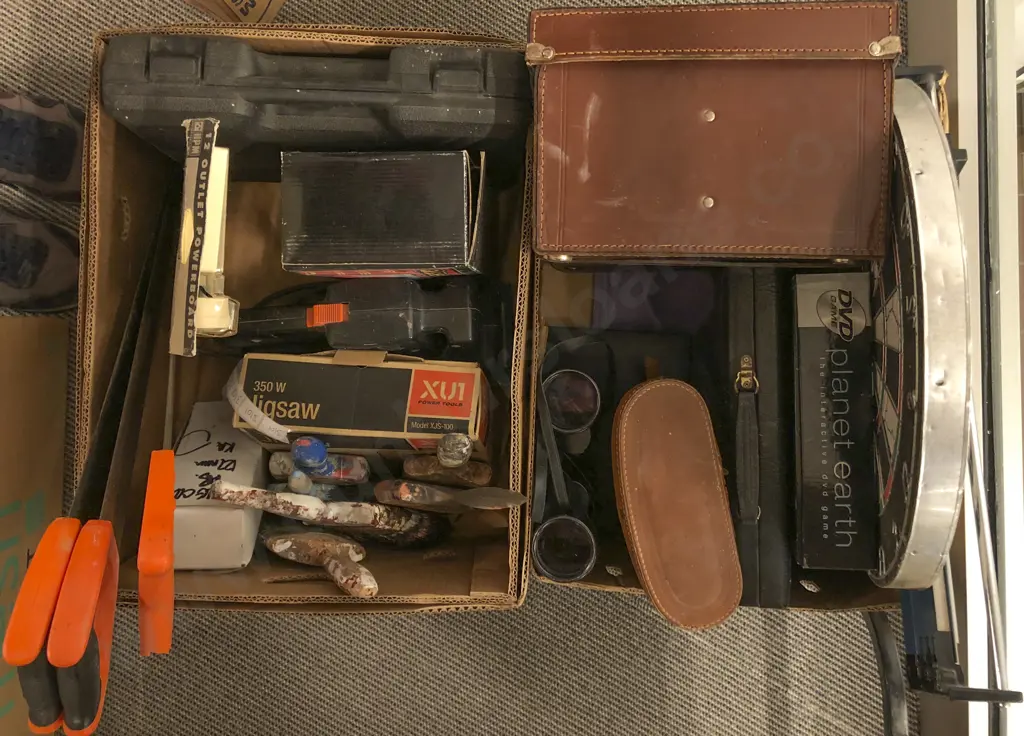 2 Boxes of Assorted Including Tools Dart Board and Binoculars Image 1++