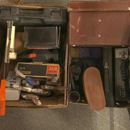 2 Boxes of Assorted Including Tools Dart Board and Binoculars