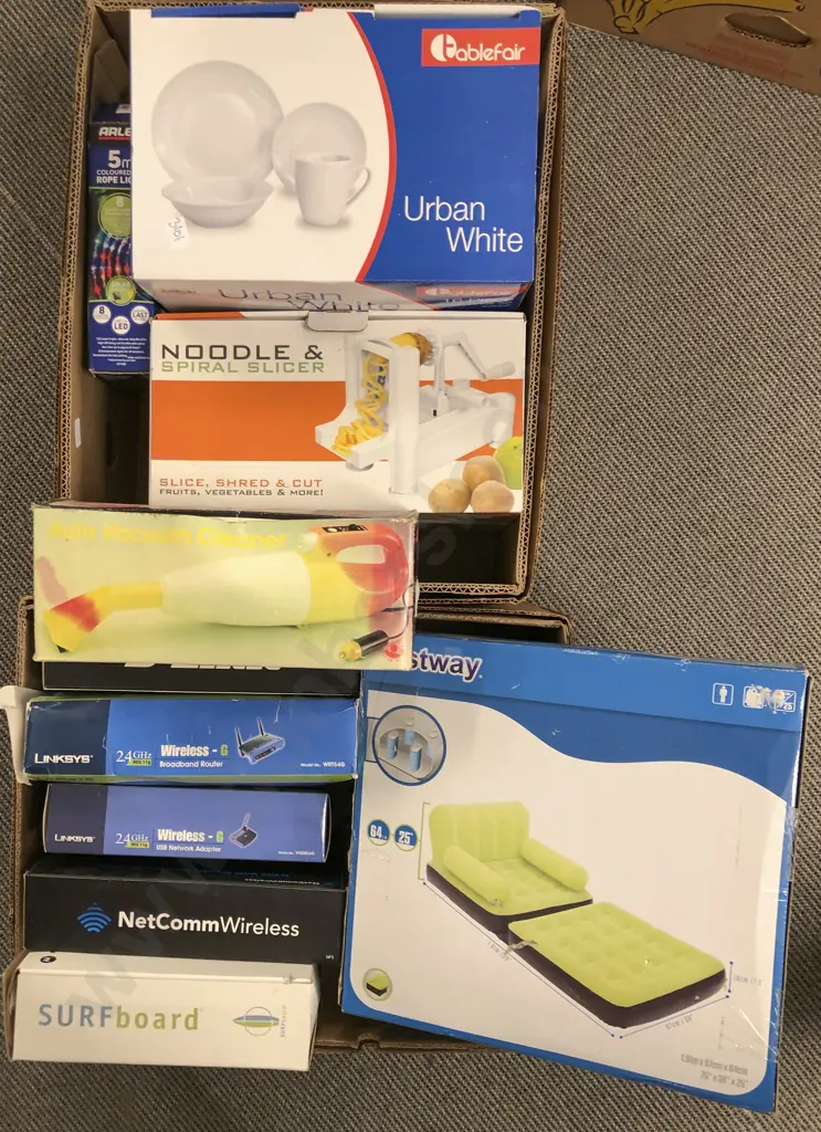 2 Boxes of Assorted Including Appliances and Boxed Modern Dinner Set Image 1++