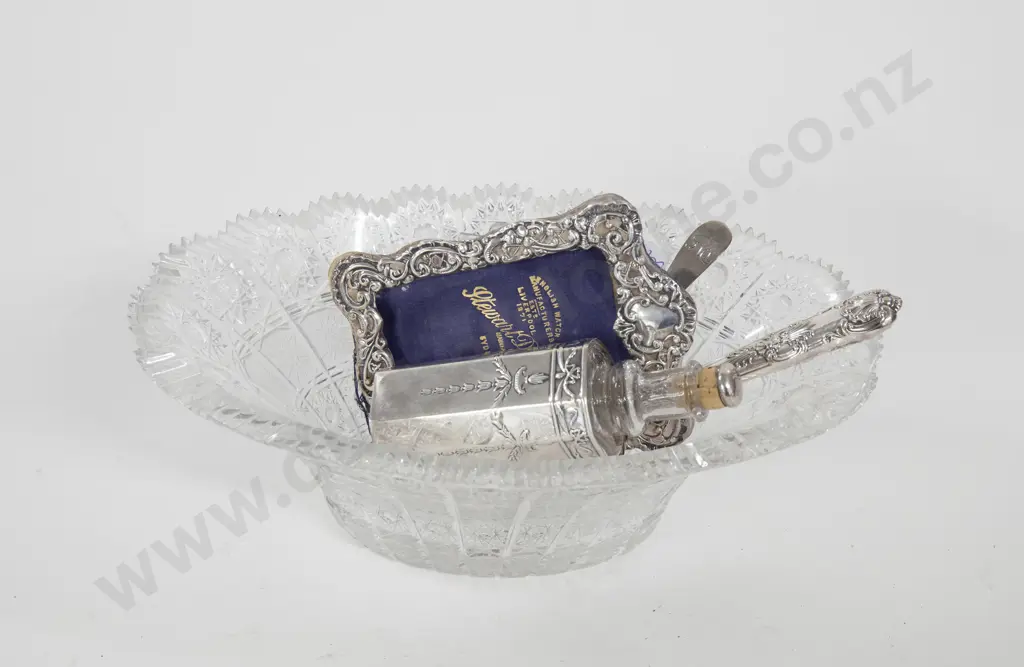 Octagonal S/S Scent Bottle Together With Small Qty of S/S and Pressed Glass Basket Image 1++