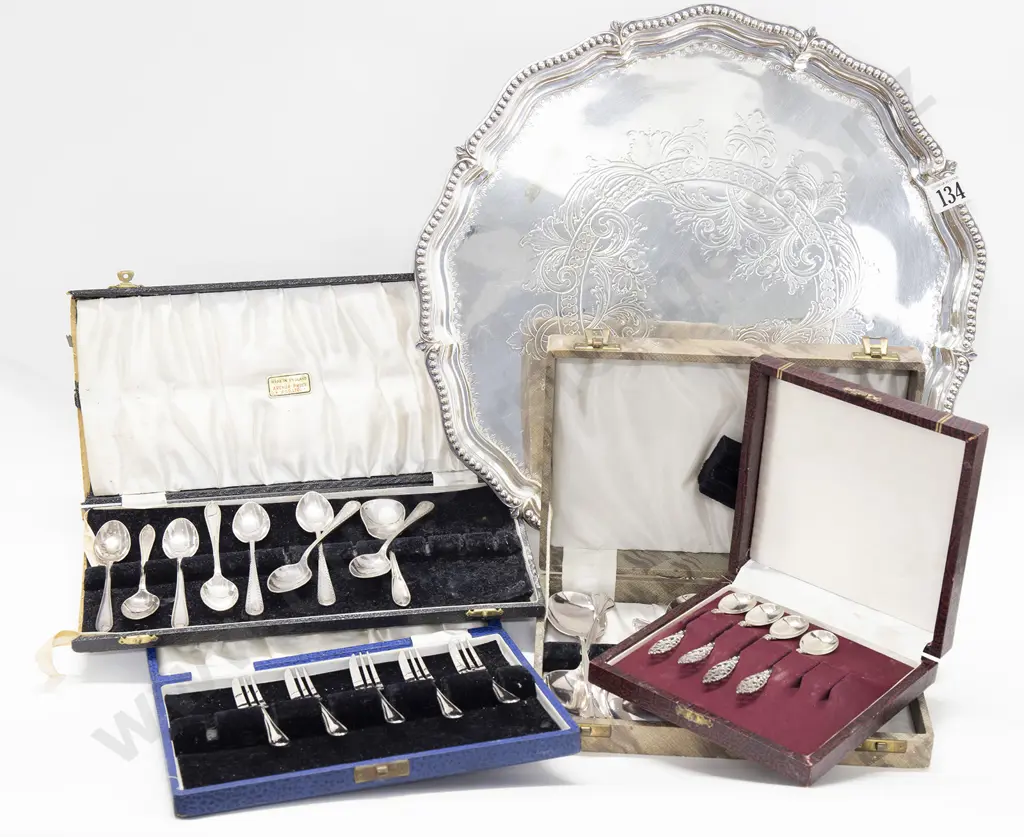 Qty of Assorted Boxed Cutlery on Footed Silver Plate Tray Image 1++