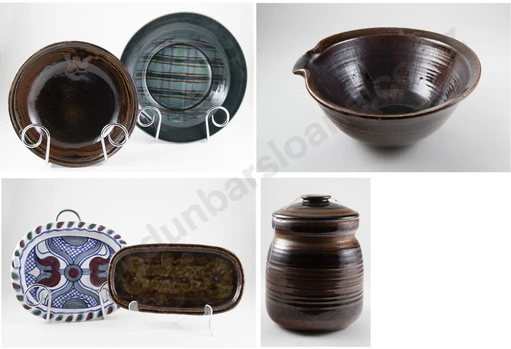 Five Various NZ Pottery Dishes & Lidded Crock Image 1++