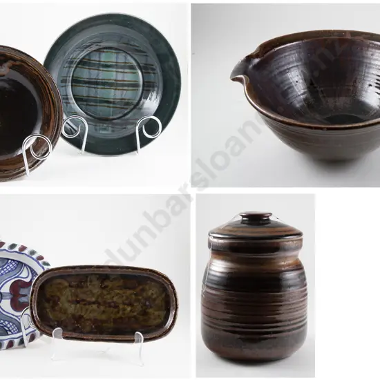 Five Various NZ Pottery Dishes & Lidded Crock