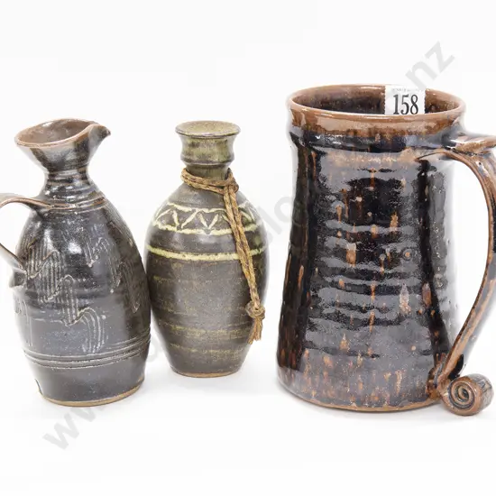 Peter Stichbury 2 Oil Bottles Stoneware Vase Together With a Large Stoneware Mug (Potter Unknown)