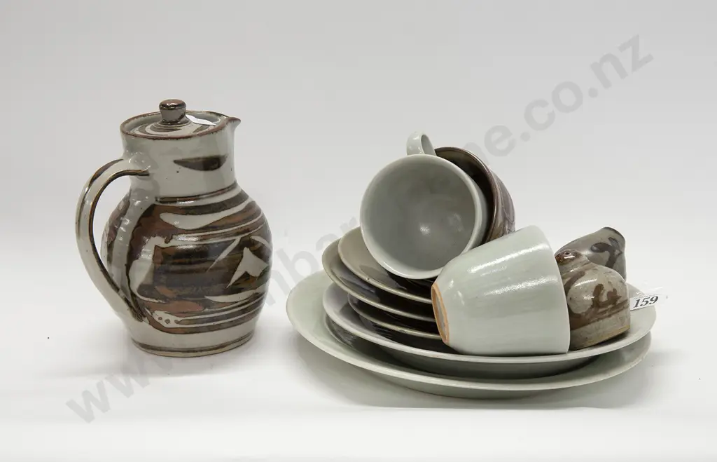 Harry and May Davis Stoneware Coffee Pot Salt and Pepper 3 Cups 3 Saucers and 2 Plates Image 1++