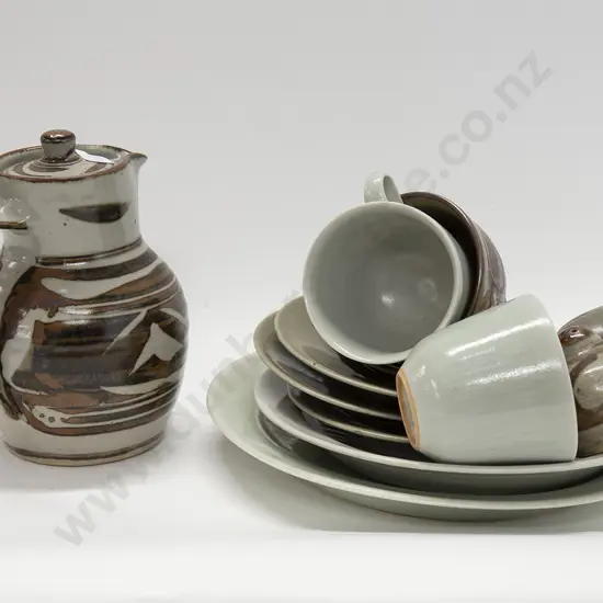 Harry and May Davis Stoneware Coffee Pot Salt and Pepper 3 Cups 3 Saucers and 2 Plates